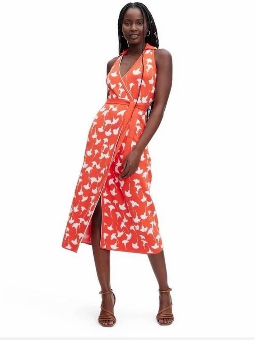 Diane Von Furstenberg Orange and White Floral Wrap Midi Dress
